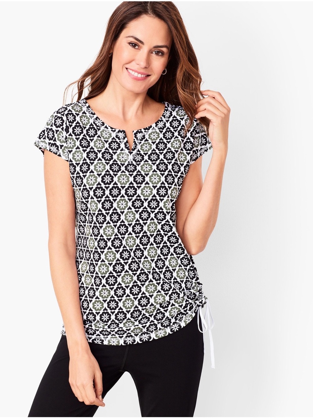 T by Talbots (Size LP) Women's Black & White Geometric Print Short Sleeve Top